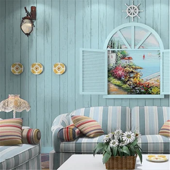 Akdeniz Mavi dokunmamış Ahşap Tahıl İskandinav Oturma Odası Yatak Odası Arka Plan Giyim Mağazası Olmayan kendinden yapışkanlı Duvar Kağıdı Behang