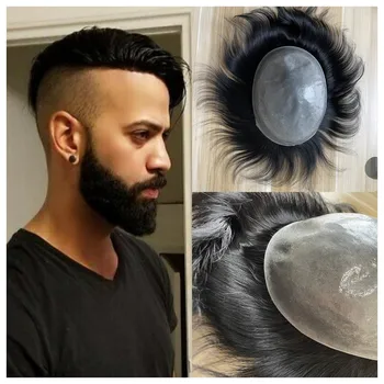 Kasım Peruk Erkekler için İnsan saç parçaları Tam PU 0.12 mm Erkek peruk insan saçı Değiştirme Sistemi Düz Saç 1 # Renk