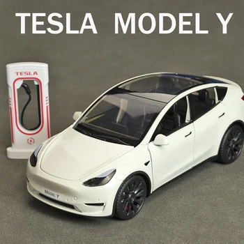 1: 24 Tesla Modeli Y modeli 3 şarj kazık alaşım kalıp döküm oyuncak araba modeli ses ve ışık çocuk Oyuncak koleksiyon doğum günü hediyesi
