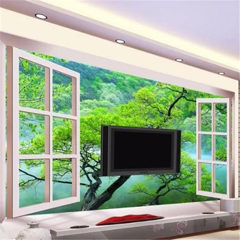 wellyu Özel büyük fresk oturma odası 3D windows Ağaçları manzara TV zemin dokunmamış duvar kağıdı papel de parede