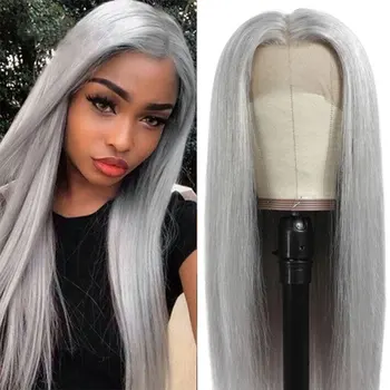 Sentetik Saç Dantel ön peruk Gümüş Gri Renk Uzun Düz ısıya dayanıklı iplik Doğal Saç Çizgisi Orta Ayrılık Kadınlar İçin