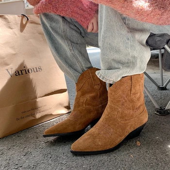 LadyShoes CowSuede Günlük Bota Bahar Sonbahar Cowgirls yarım çizmeler Med Topuk Kış BotasWestern Çizmeler Kadın İngiliz Tarzı Üzerinde Kayma