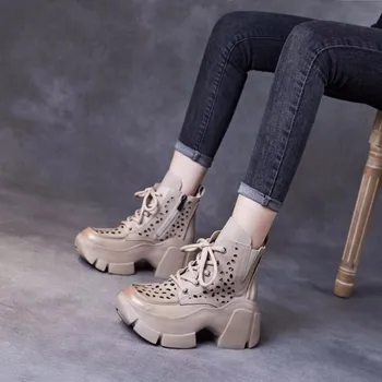Retro Ayakkabı Kadın Sandalet botları Yaz Çizmeler pu Deri 2022 Yeni Zip İçi Boş Özlü El Yapımı Dikiş platform sandaletler