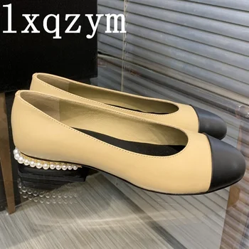 2022 Yeni Moda Kadın Ayakkabı Yuvarlak Ayak Karışık Renk Hakiki Deri Kadın Ayakkabı İnci Zincir Dekor Lüks Tasarım Düşük Topuk Ayakkabı